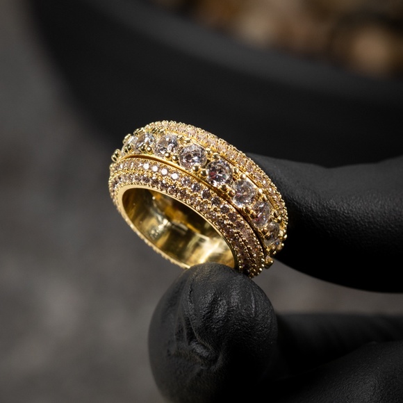 Hip Hop Yellow Gold Plated Iced Pointer Cz Men's Eternity Statement Ring - Picture 2 of 5